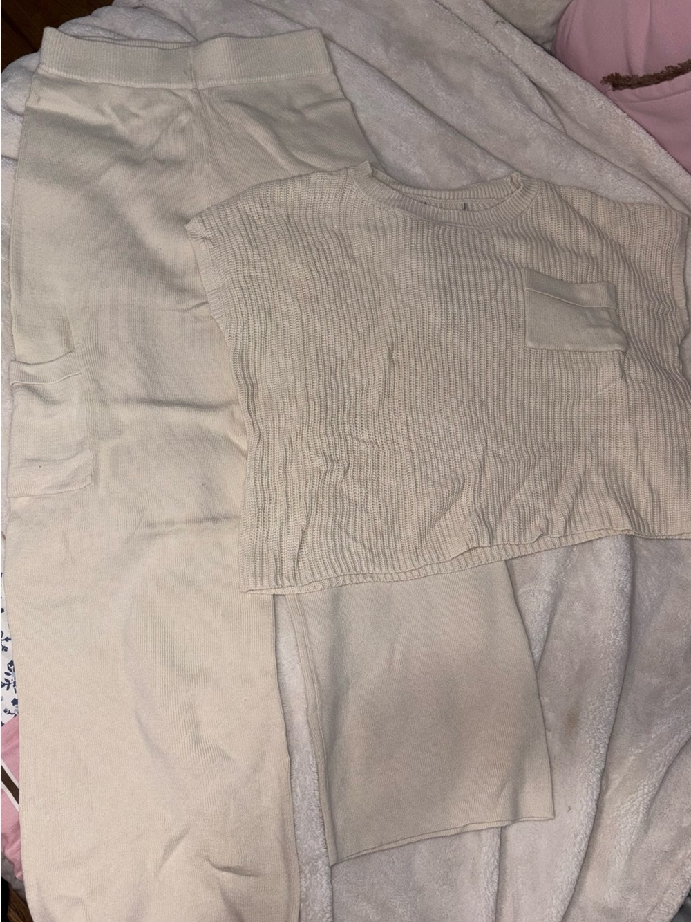 Cream Knit Sweater Set - Neutral Ribbed Style